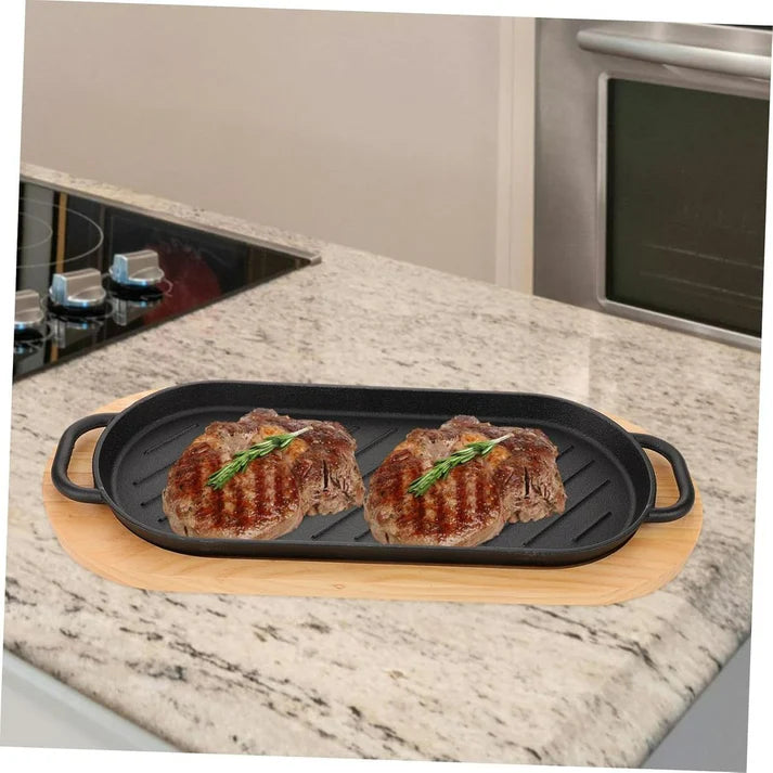 Cast Iron Steak Pan With Wooden Base (42cm)
